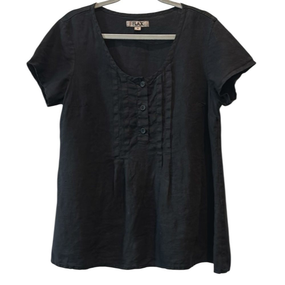 Flax Designs LINEN Pintuck  BLACK Blouse Tunic Top Size Small